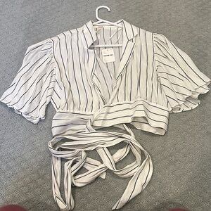Free People Black and White Striped Wrap Blouse